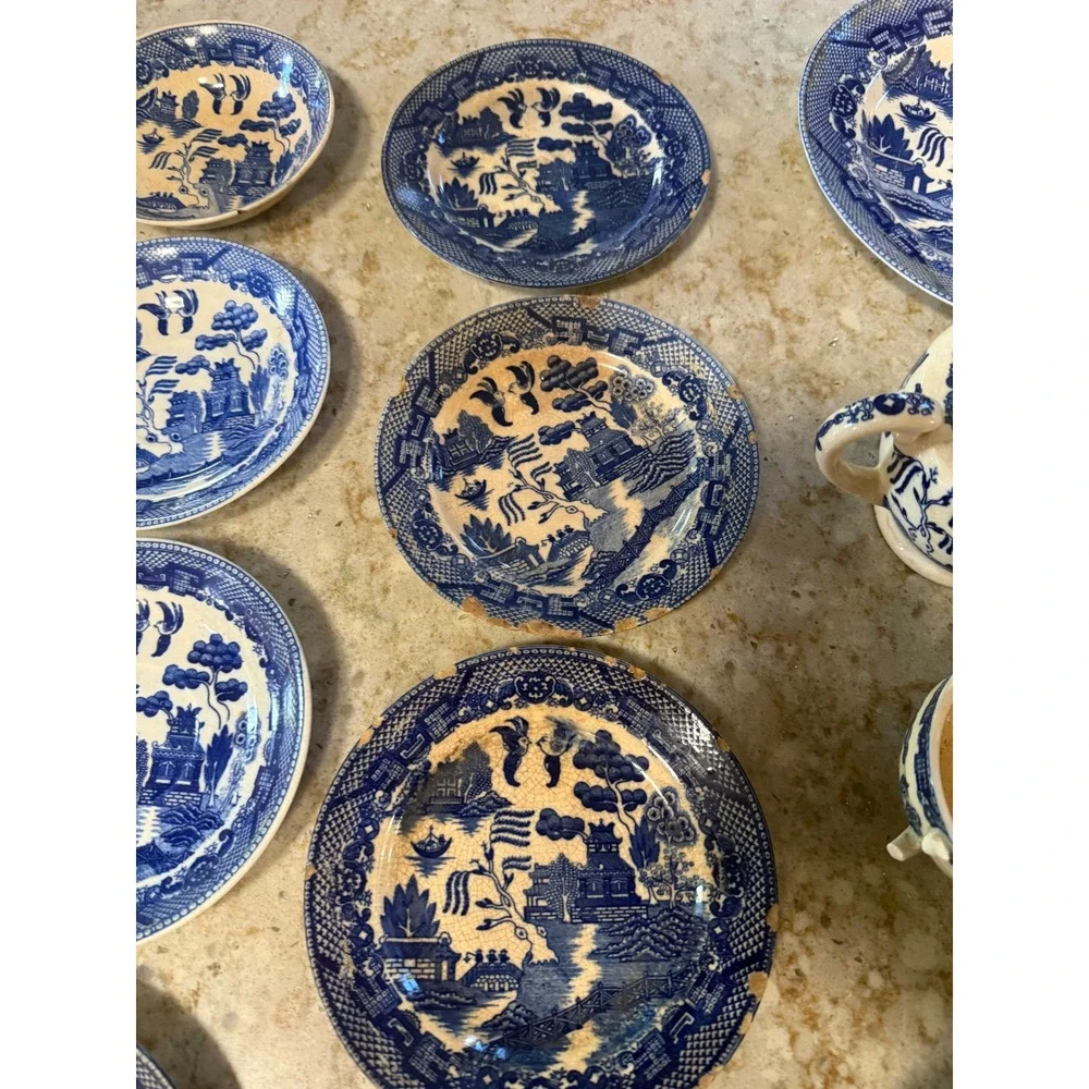 Vintage Blue Willow Tea Set Occupied Japan Blue White Transferware 18pc As-Is